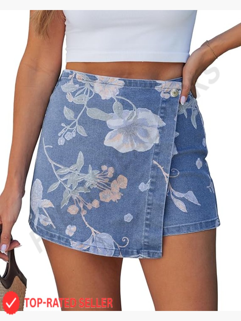 High Waisted Denim Skort Faux Wrap Stretch Jean Shorts Skirt Floral Print